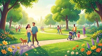 Ilustración digital de personas diversas paseando por un parque amplio con árboles frondosos, senderos curvos, césped verde y flores vibrantes bajo un cielo claro.