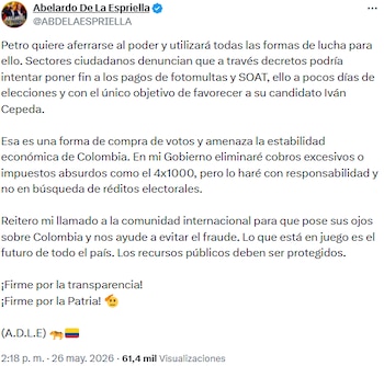Abelardo de la Espriella señaló a Gustavo Petro por intentar influir en los comicios - crédito @ABDELAESPRIELLA/X