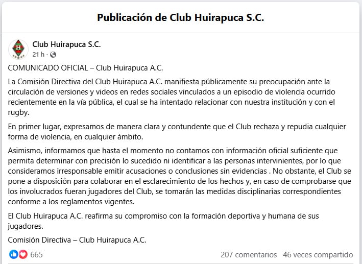 El comunicado del Club Huirapuca.