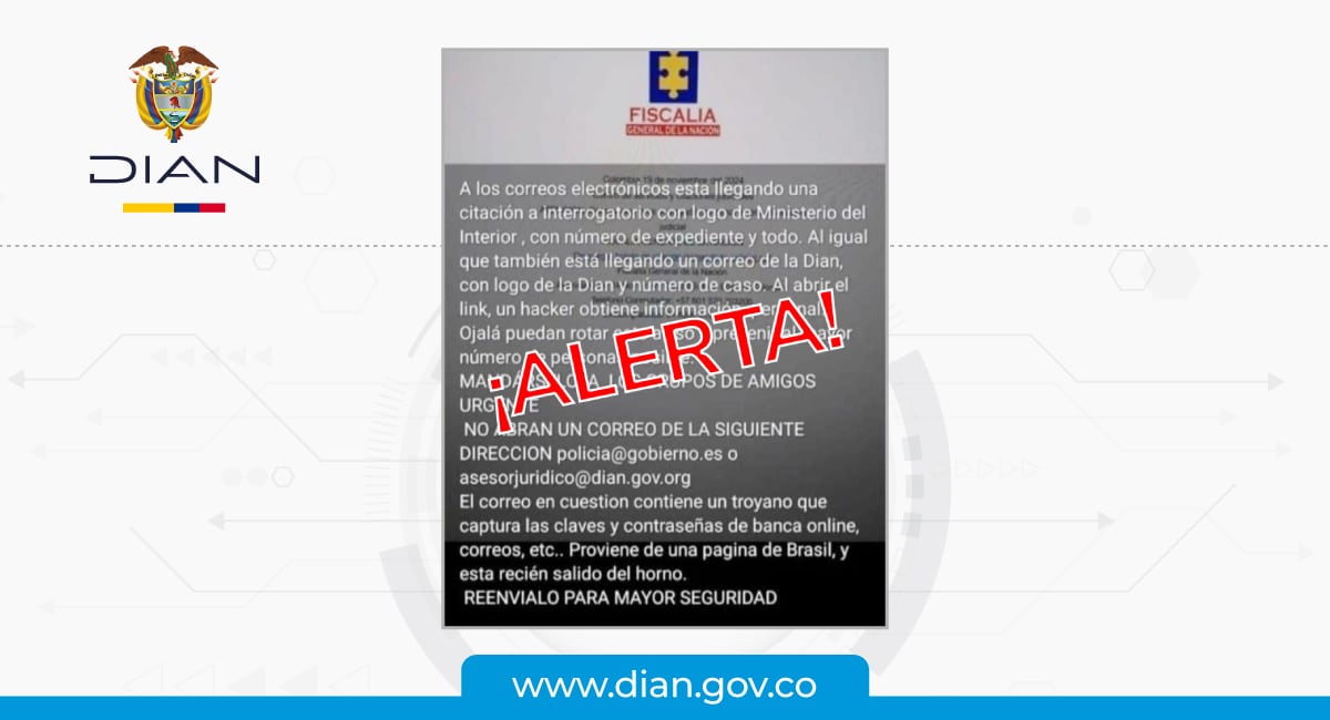 Un mensaje difundido en redes sociales describe el uso indebido de logos y remitentes apócrifos que buscan engañar a los usuarios y obtener información personal mediante enlaces fraudulentos - crédito Dian