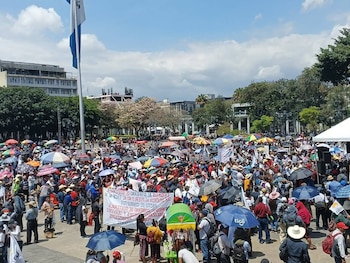 Vista general de una gran concentración de personas al aire libre, muchas con sombrillas coloridas. Se aprecian pancartas y una bandera azul y blanca