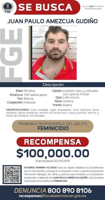 Fiscalía de Michoacán ofrece una recompensa de 100 mil pesos a quien ofrezca información para dar con el paradero de Juan Paulo Amezcua Gudiño. (Foto: Justicia para Frida )