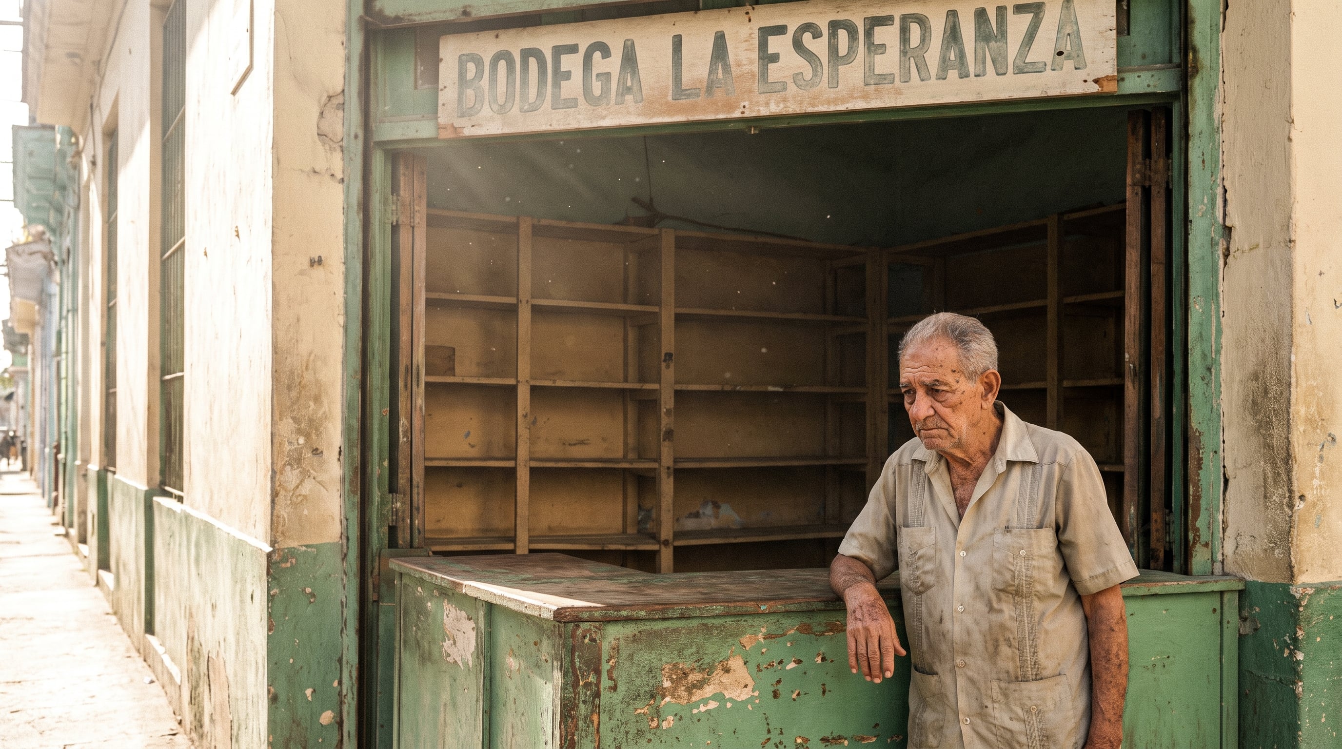 Un hombre permanece junto al mostrador de la Bodega La Esperanza, un comercio con los estantes vacíos ubicado en La Habana. (Imagen Ilustrativa Infobae)