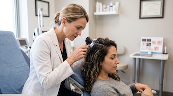 Una doctora con bata blanca utiliza una lupa con luz para revisar el cabello de una mujer en un consultorio.