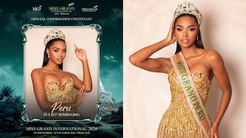 Afiche oficial y fotografía de Zuliet Seminario con corona de pedrería verde, vestido dorado y la banda de Miss Grand Perú