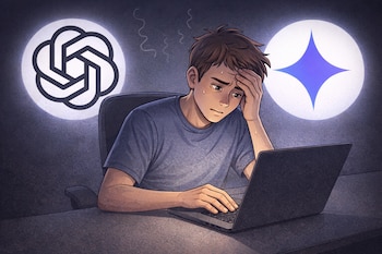 Un joven con expresión preocupada usa una laptop; detrás, los logos de ChatGPT y Gemini en círculos blancos.