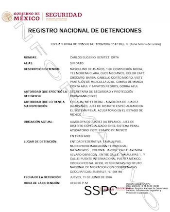Ficha de detención Benítez en la frontera de México y EEUU. Crédito: RND