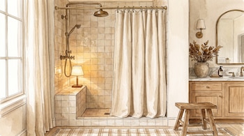 Ilustración en acuarela de un baño con ducha, cortina clara, lámpara encendida en un pilar, lavabo de madera, taburete y espejo.