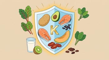 Escudo azul con K dorada y brillo. Dentro: papa, palta, dos salmones, porotos, melón, tomates secos. Fuera: acelga, espinaca, leche, kiwi, pasas.