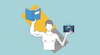 Ilustración plana de una figura humana estilizada con un brazo musculoso sosteniendo un libro y otro brazo flácido con un dispositivo de IA, sobre fondo azul pastel.