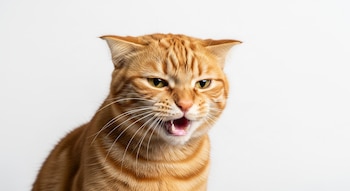 Gato doméstico atigrado de pelaje anaranjado con boca abierta, colmillos visibles, ojos entrecerrados y orejas hacia atrás sobre fondo blanco.