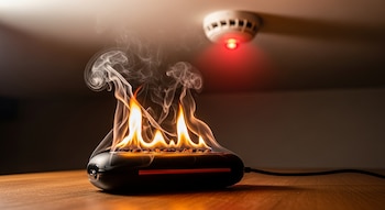Calentador de manos portátil recargable en llamas sobre una mesa de madera, con humo blanco y un detector de humo rojo activado en el techo.