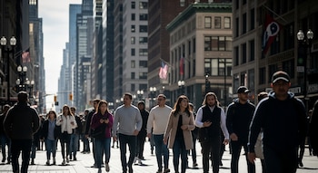 Calle concurrida en una ciudad de Estados Unidos con numerosos peatones de diversos orígenes caminando; edificios altos y banderas americanas son visibles al fondo.
