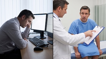 Díptico muestra a un hombre sentado en escritorio con dos monitores y el mismo hombre en bata hospitalaria junto a un doctor con portapapeles.