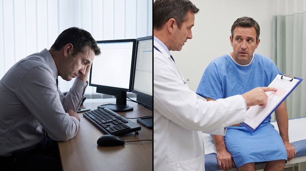 Díptico muestra a un hombre sentado en escritorio con dos monitores y el mismo hombre en bata hospitalaria junto a un doctor con portapapeles.