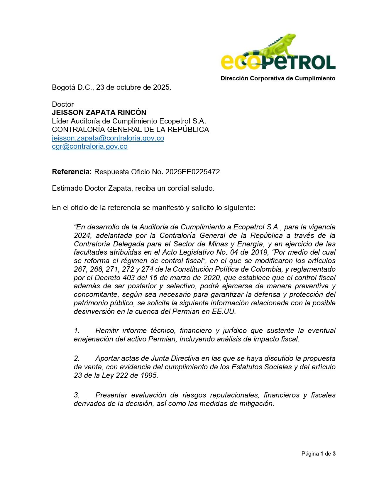 Ecopetrol subrayó que su Junta Directiva no ha recibido propuestas ni ha evaluado impactos económicos o financieros sobre la posible venta - crédito Ecopetrol