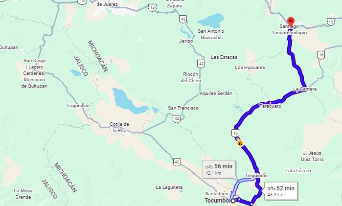 La joven fue atropellada en Tocumbno y su cuerpo fue hallado un día después a una hora de camino en Tangamandapio, Michoacán Foto: Maps