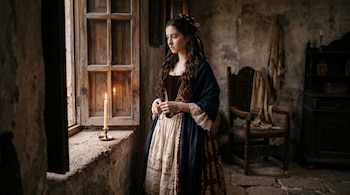 Una mujer con vestido de época y rebozo azul de pie junto a una ventana de madera con una vela encendida sobre el alféizar.