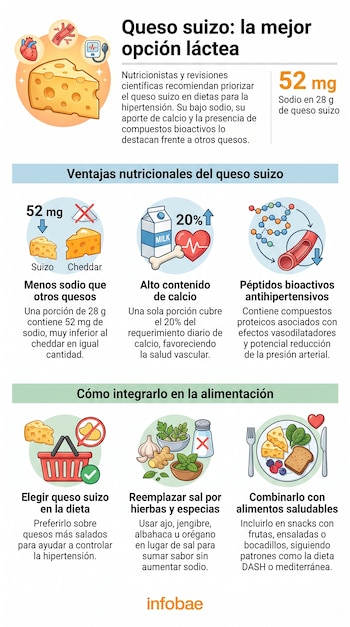 Infografía titulada 'Queso suizo: la mejor opción láctea'. Contiene un trozo de queso, iconos de salud, leche, sal, hierbas y un plato con comida.