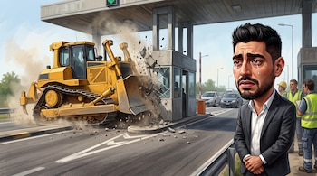 Ilustración de una topadora amarilla destruyendo una caseta de peaje y una caricatura del rostro triste de un hombre de traje al frente.