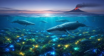 Océano prehistórico dividido: ballenas nadando sobre un lecho marino luminoso con plancton. Arriba, un volcán en erupción y montañas bajo un cielo al atardecer.
