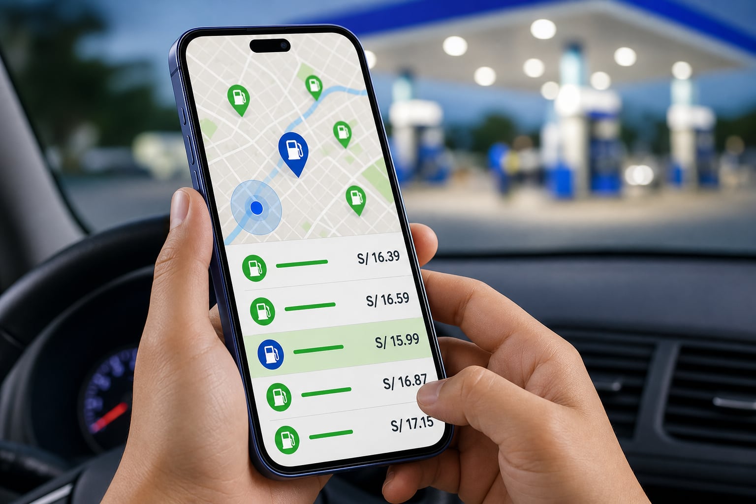 Un conductor consulta una aplicación móvil dentro de su vehículo para comparar los precios del combustible en estaciones de servicio de Perú. (Imagen Ilustrativa Infobae)