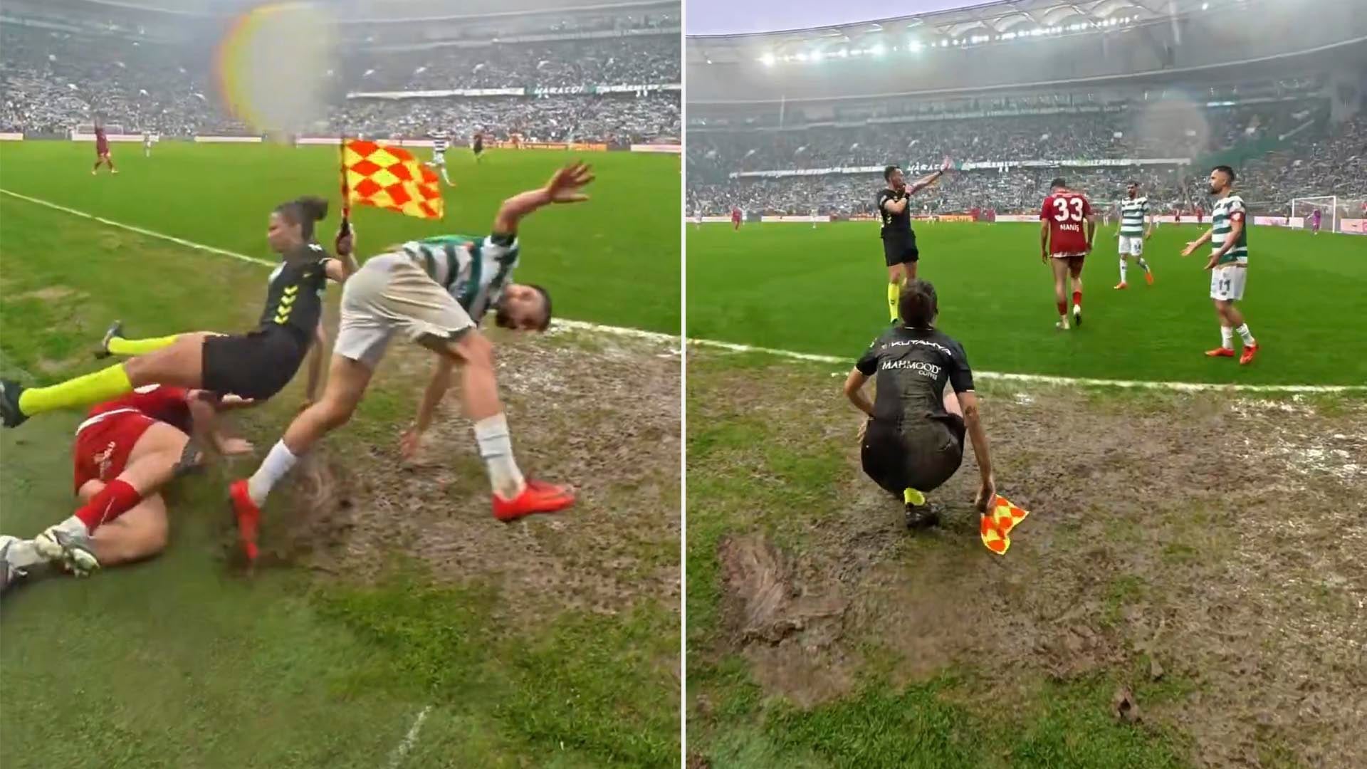 Una jueza de línea fue brutalmente pateada durante un partido de fútbol en Turquía, provocando su caída y la interrupción del juego.