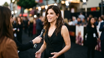 Sandra Bullock vestida con un atuendo negro habla frente a un micrófono sostenido por un periodista en un evento público.