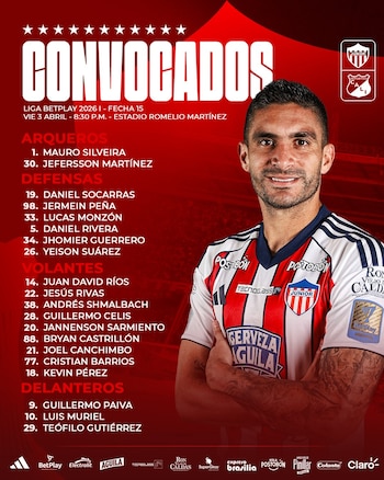 El volante encabeza la lista de convocados para el juego ante Deportivo Cali-crédito @JuniorClubSA/X