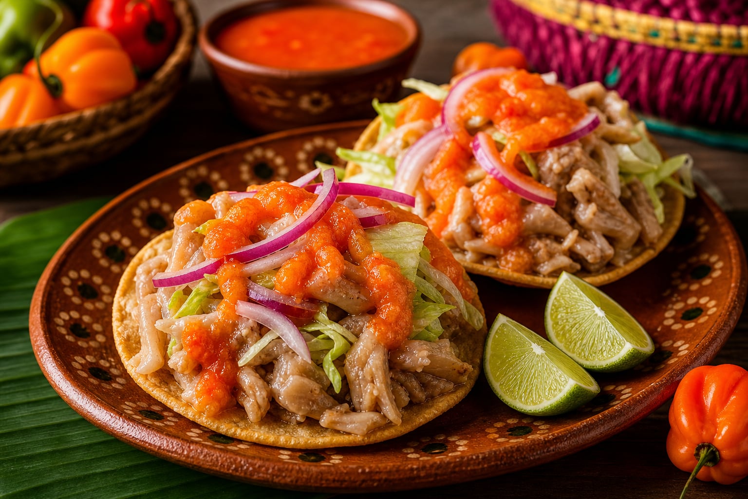 Dos tostadas de pata de res servidas sobre un plato de barro incluyen lechuga, cebolla morada, salsa roja de chile habanero y rodajas de limón. (Imagen Ilustrativa Infobae)