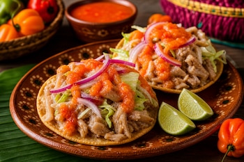 Dos tostadas sobre un plato de barro con lechuga, cebolla morada y salsa picante, acompañadas de limones y chiles habaneros.