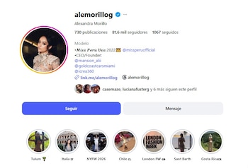 Captura de pantalla del perfil de Instagram de Alexandra Morillo. Muestra su foto de perfil, nombre, biografía, número de seguidores y publicaciones