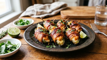 Varios jalapeños rellenos y envueltos en tocino dispuestos sobre un plato negro, con trozos de lima y cilantro en una mesa de madera.