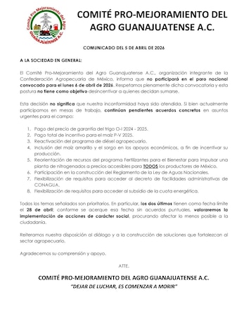 El Comité Pro-Mejoramiento del Agro Guanajuatense se deslindó del paro nacional convocado por ANTAC.