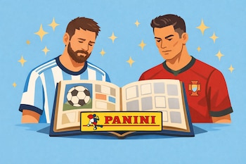 Ilustración plana de Messi en camiseta argentina y Ronaldo en camiseta portuguesa, mirando un álbum Panini abierto sobre un fondo azul con destellos dorados.