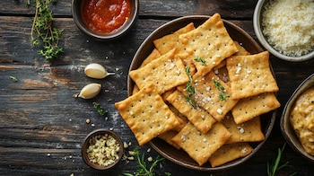 Galletas horneadas hechas con garbanzo, cubiertas con queso fundido y ajo, dispuestas en una bandeja rústica. – (Imagen Ilustrativa Infobae)