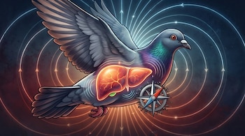 Ilustración de una paloma gris con alas extendidas, su hígado interno visible y una brújula en su cuerpo, rodeada de líneas de campo magnético.