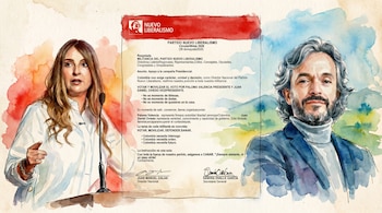 Ilustración en acuarela que muestra una carta del partido Nuevo Liberalismo entre retratos de Paloma Valencia a la izquierda y Juan Daniel Oviedo a la derecha.