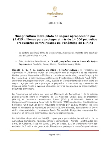 El plan de pólizas será financiado, primordialmente, desde el Ministerio de Agricultura - crédito Ministerio de Agricultura