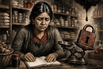 Una mujer sentada ante un cuaderno abierto sobre un mostrador junto a una balanza con un candado, frente a estantes con productos.