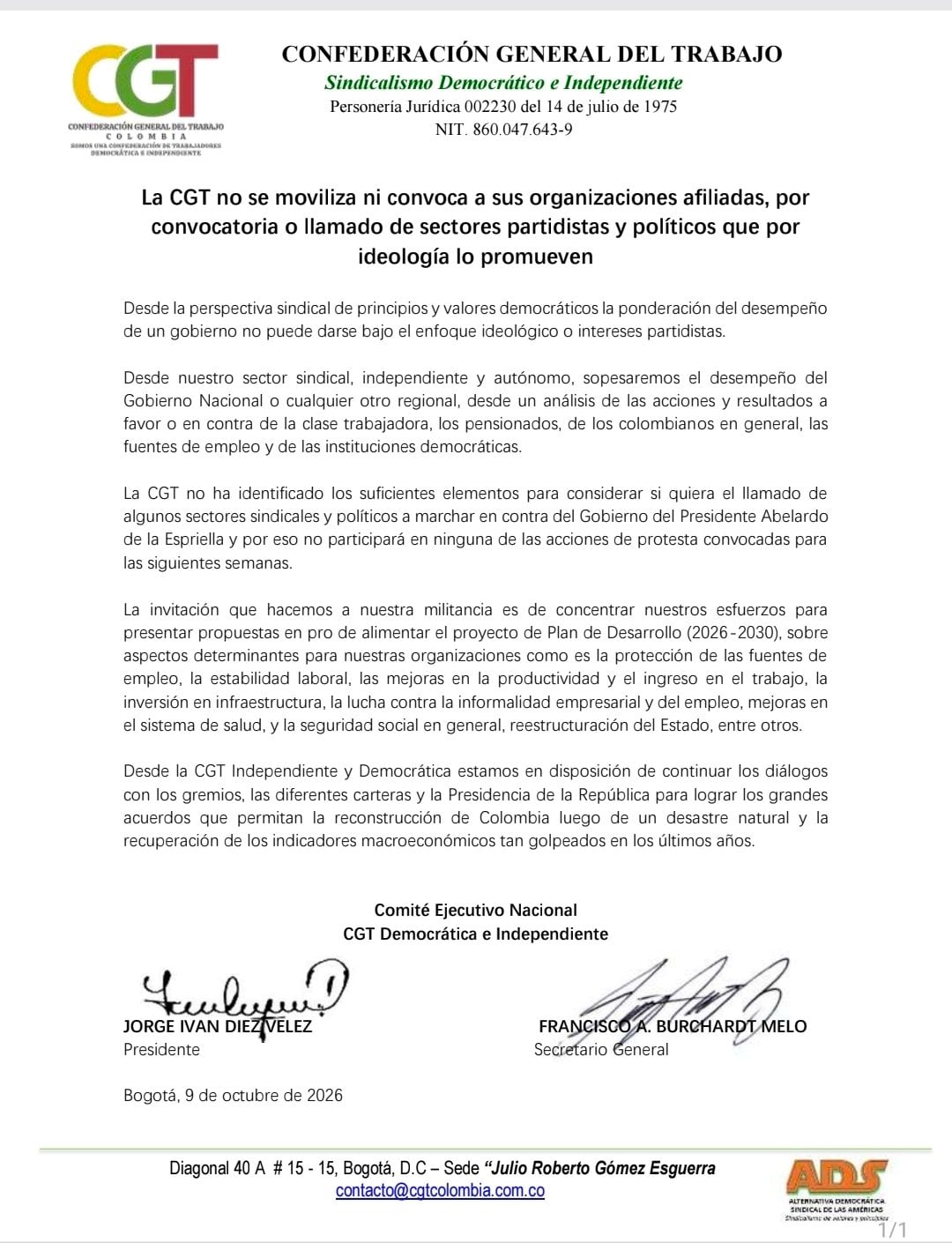 La decisión de la confederación se conoce en medio de la controversia por una propuesta del Gobierno que busca modificar el protocolo de actuación de las autoridades durante las manifestaciones públicas, incluido el procedimiento para identificar situaciones de violencia y determinar los niveles de intervención de la fuerza pública - crédito @CGT_ADS/X
