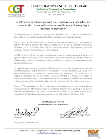 La decisión de la confederación se conoce en medio de la controversia por una propuesta del Gobierno que busca modificar el protocolo de actuación de las autoridades durante las manifestaciones públicas, incluido el procedimiento para identificar situaciones de violencia y determinar los niveles de intervención de la fuerza pública - crédito @CGT_ADS/X