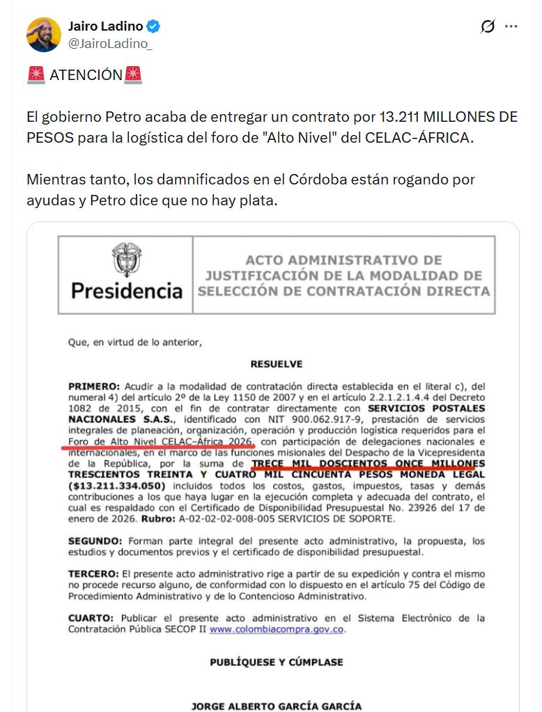 El contrato para la organización del foro CELAC-África 2026 tiene un valor de $13.211.334.050, según el documento oficial divulgado - crédito @JairoLadino_/X