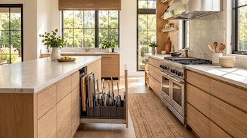 Cocina de madera con un cajón extraíble abierto en la isla central que contiene tablas de cortar, bandejas de horno y sartenes.