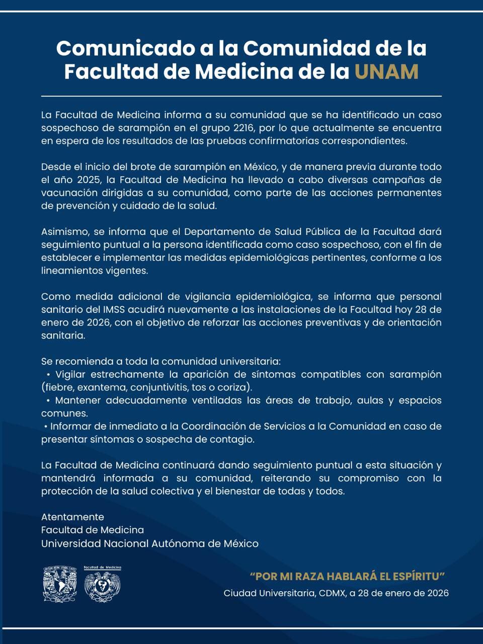 La institución educativa advirtió sobre el posible brote en su facultad. (TW Facultad de Medicina de la UNAM)