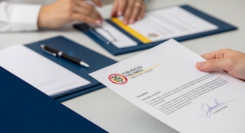 Mano derecha sostiene documento oficial con membrete de PUBLICILDS COLOMBIA, firma. Mano izquierda en segundo plano, carpeta azul, bolígrafo en escritorio.