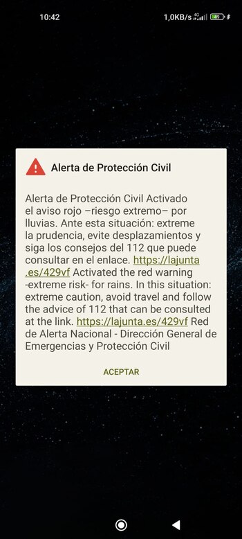 Mensaje de alerta de Protección Civil. (@MeteoSE en X)