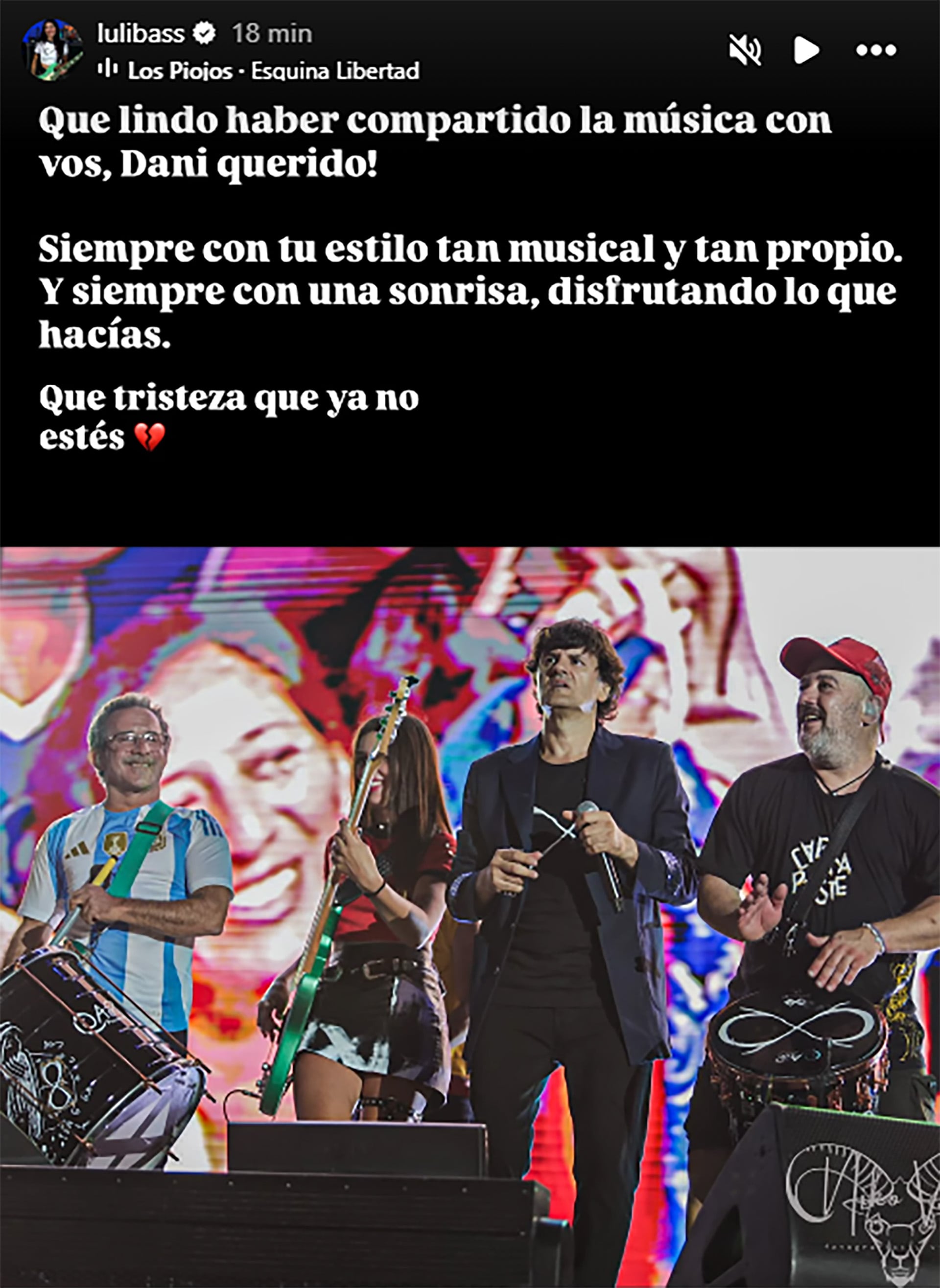 Luli Bass, Andrés Ciro y Dani Buira con el Changuito Farías Gómez en los shows de regreso de Los Piojos
