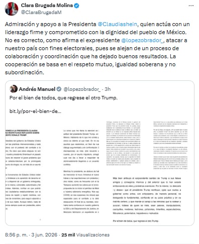 Clara Brugada fijó los límites de la relación con EEUU al respaldar a Claudia Sheinbaum: la cooperación bilateral, dijo, se sostiene sobre el respeto mutuo, la igualdad soberana y la no subordinación, en medio de la tensión que desató la carta del expresidente López Obrador.(@ClaraBrugadaM)
