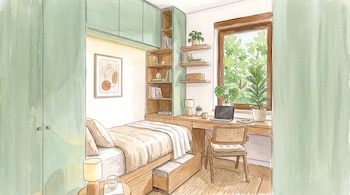 Dibujo en acuarela de una habitación con cama individual, escritorio con ordenador portátil, armarios verdes y una ventana con plantas.
